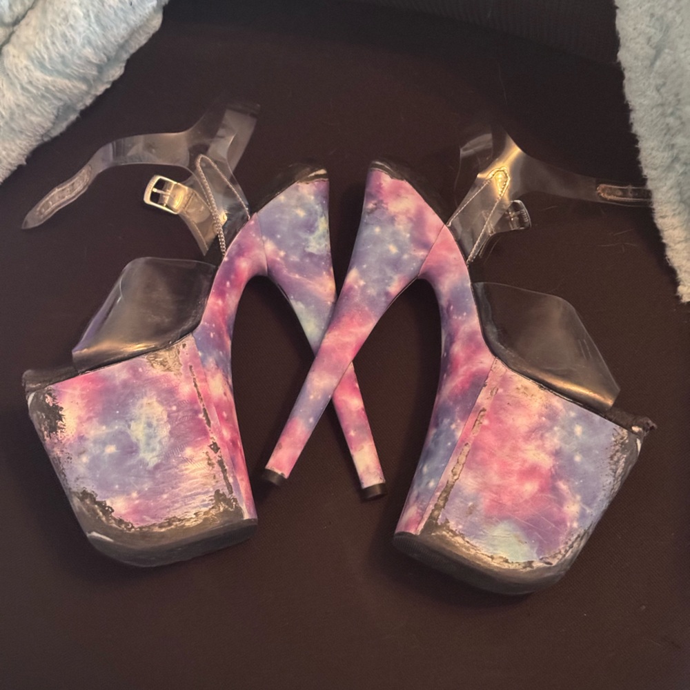 Well USED 8inch galaxy holographic pleaser heels